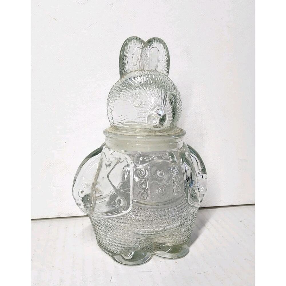 Vintage Clear Glass Boy Bunny Candy Jar Chubby Cute Rabbit Snack 6 Inch Bunny